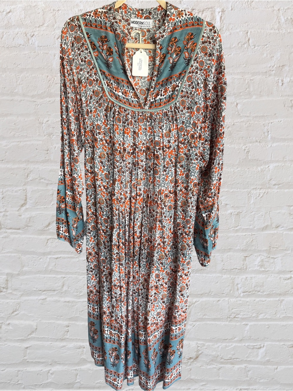 Modern Soul Teal and Rust Floral Long-Sleeve Maxi Dress
